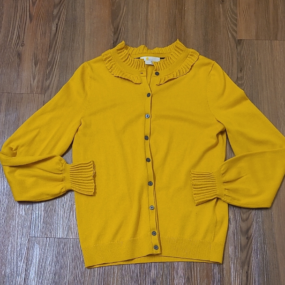 Boden Mustard Yellow Ruffle Collar Cardigan for women zise6 used good condition.